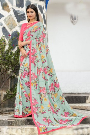 Desirable Turquoise Georgette Printed Casual Saree With Georgette Blouse