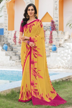 Excellent Yellow Georgette Printed Casual Saree With Georgette Blouse