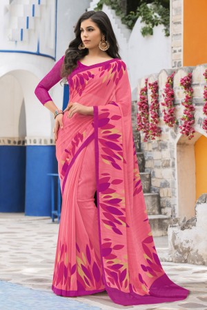 Supreme Pink Georgette Printed Casual Saree With Georgette Blouse