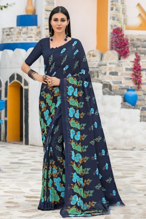 Lovely Navy Blue Georgette Printed Casual Saree With Georgette Blouse
