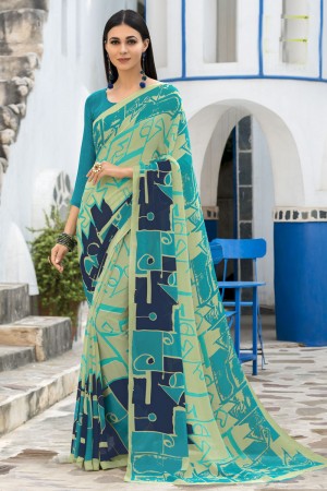 Supreme Beige and Blue Georgette Printed Casual Saree With Georgette Blouse