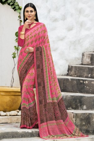 Gorgeous Pink Georgette Printed Casual Saree With Georgette Blouse