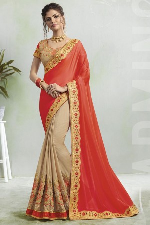 Beautiful  Peach and Cream Georgette Embroidered Saree With Silk Blouse