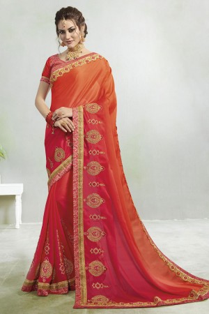 Stylish Red and Orange Georgette Embroidered Saree With Jacquard Blouse