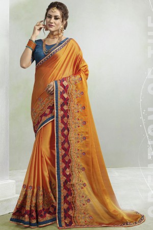 Optimum Mustard Georgette Embroidered Saree With Silk Blouse