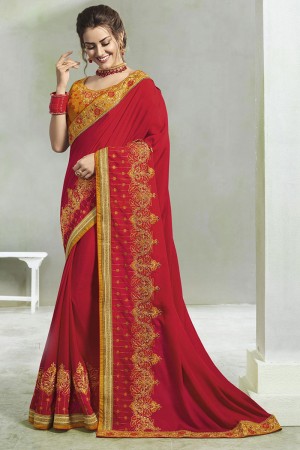 Ultimate Red Silk Embroidered Saree With Silk Blouse