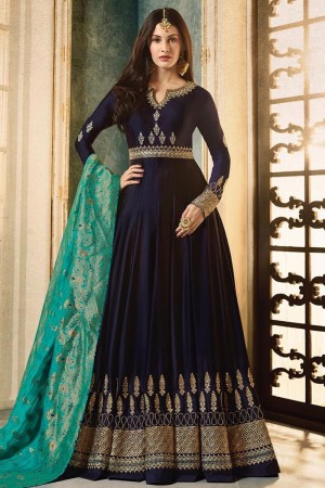 Pretty Navy Blue Georgette Embroidered Designer Anarkali Salwar Suit With Viscose Dupatta