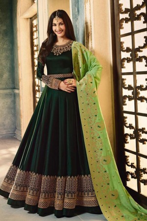 Gorgeous Green Georgette Embroidered Designer Anarkali Salwar Suit With Viscose Dupatta