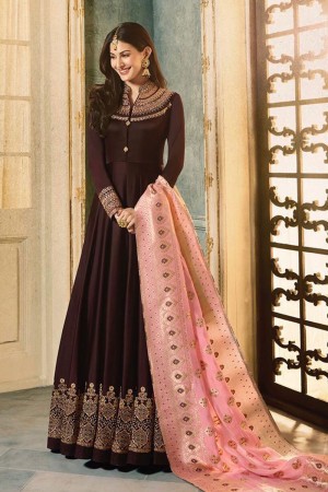 Stylish Brown Georgette Embroidered Designer Anarkali Salwar Suit With Viscose Dupatta