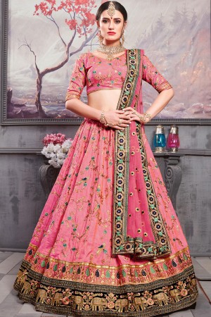 Stylish Pink Banarasi Silk Embroidered Work Designer Lehenga Choli With Net Dupatta