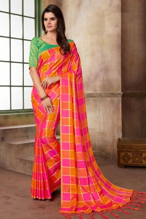 Excellent Orange and Pink Silk Printed Saree With Silk Blouse