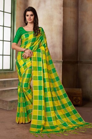 Lovely Yellow and Green Silk Printed Saree With Jacquard Blouse