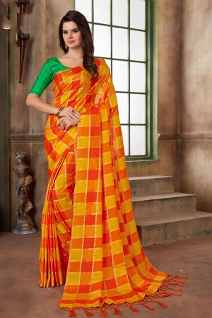 Supreme Yellow and Orange Silk Printed Saree With Jacquard Blouse