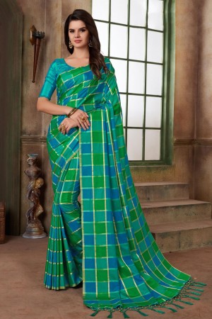 Optimum Blue and Green Silk Printed Saree With Silk Blouse