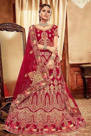 Lovely Red Velvet Embroidered Designer Bridal Lehenga Choli With Net Dupatta