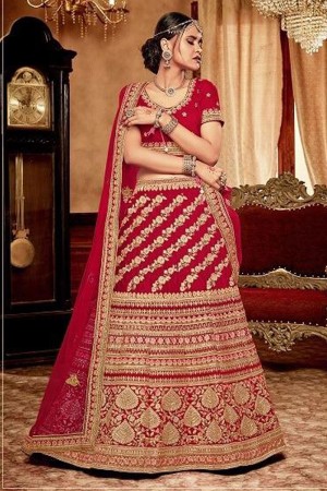 Desirable Red Velvet Embroidered Designer Bridal Lehenga Choli With Net Dupatta