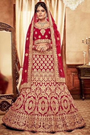 Gorgeous Red Velvet Embroidered Designer Bridal Lehenga Choli With Net Dupatta