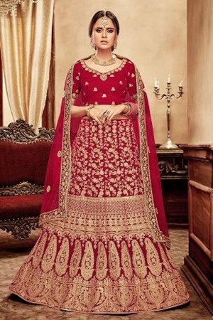 Excellent Red Velvet Embroidered Designer Bridal Lehenga Choli With Net Dupatta