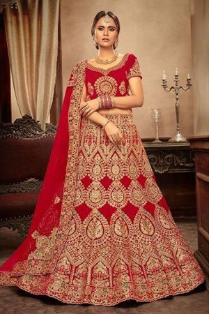 Admirable Red Velvet Designer Embroidered Bridal Lehenga Choli With Net Dupatta