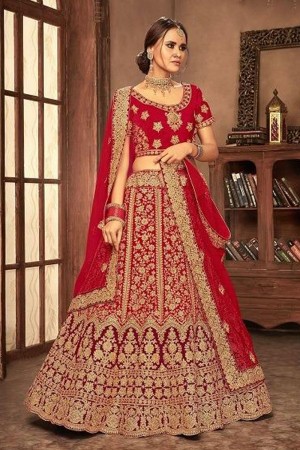 Optimum Red Velvet Designer Embroidered Bridal Lehenga Choli With Net Dupatta