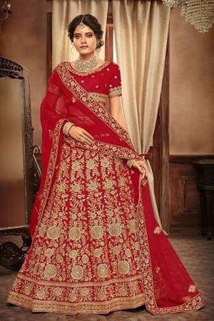 Gorgeous Red Velvet Designer Embroidered Bridal Lehenga Choli With Net Dupatta