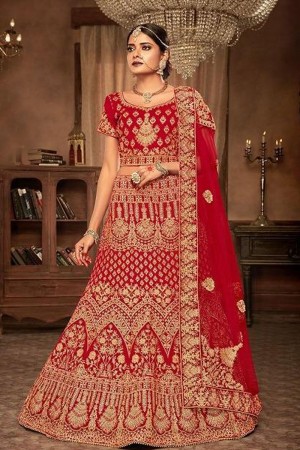Pretty Red Velvet Designer Embroidered Bridal Lehenga Choli With Net Dupatta