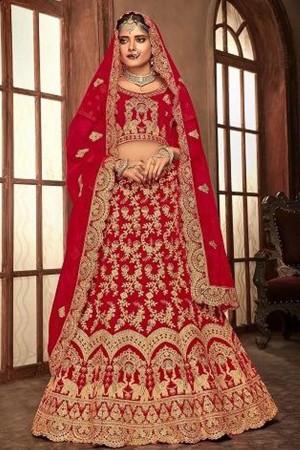 Excellent Red Velvet Designer Embroidered Bridal Lehenga Choli With Net Dupatta