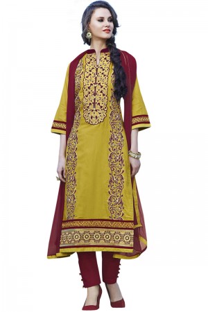 Lovely Mustard Cotton Embroidered Casual Salwar Suit With Nazmin Dupatta