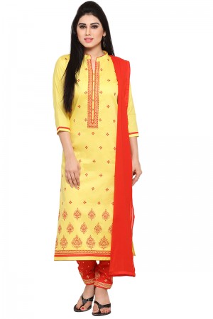Supreme Yellow Cotton Embroidered Casual Salwar Suit With Nazmin Dupatta