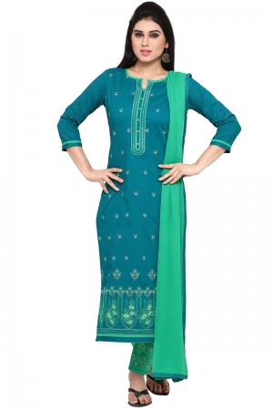 Gorgeous Aqua Cotton Embroidered Casual Salwar Suit With Nazmin Dupatta