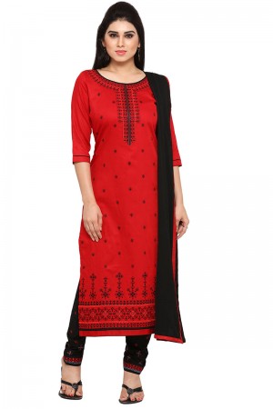 Beautiful Red Cotton Embroidered Casual Salwar Suit With Nazmin Dupatta