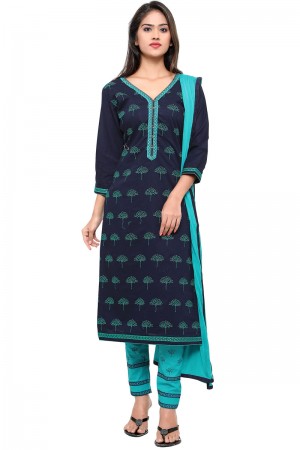 Ultimate Navy Blue Cotton Embroidered Casual Salwar Suit With Nazmin Dupatta