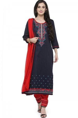Optimum Navy Blue Cotton Embroidered Casual Salwar Suit With Nazmin Dupatta