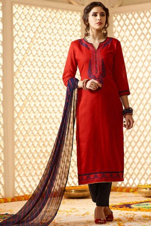Excellent Red Cotton Embroidered Casual Salwar Suit With Nazmin Dupatta