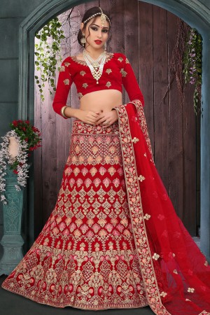Supreme Red Velvet Embroidered Bridal Lehenga Choli With Net Dupatta