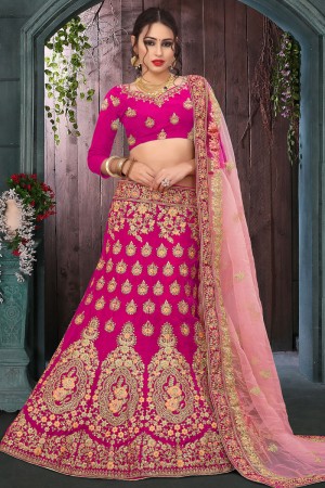 Gorgeous Pink Velvet Embroidered Work Bridal Lehenga Choli With Net Dupatta