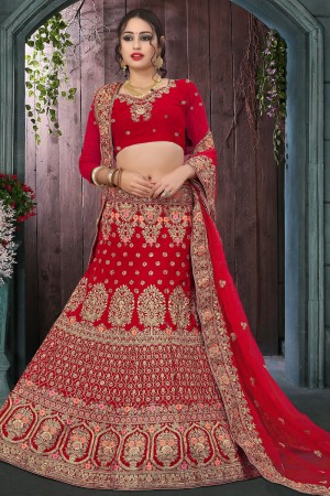 Graceful Red Velvet Embroidered Bridal Lehenga Choli With Net Dupatta