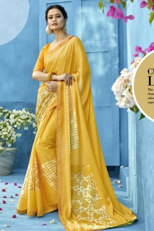 Supreme Yellow Chiffon Printed Saree With Jacquard Blouse