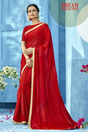 Optimum Red Chiffon Printed Saree With Jacquard Blouse