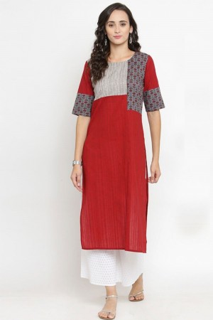 Charming Red Cotton Designer Printed Kurti