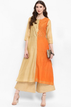 Excellent Golden and Orange Silk Designer Printed Kurti