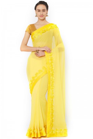 Gorgeous Yellow Georgette Embroidered Saree With Banglori Silk blouse