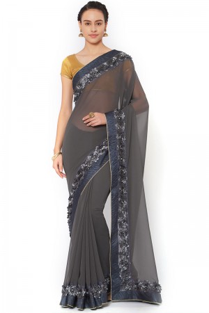Excellent Black Georgette Embroidered Saree With Jacquard Blouse