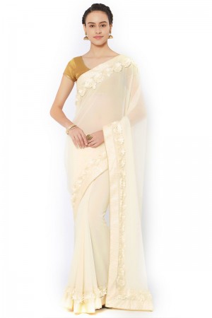 Beautiful White Georgette Embroidered Saree With Jacquard Blouse