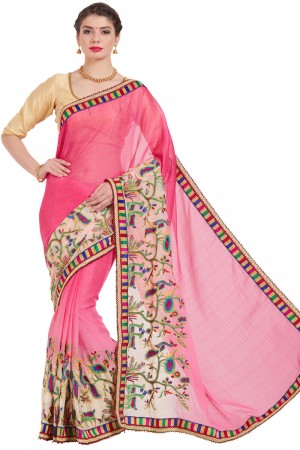Pretty Pink Chiffon Embroidered Saree With Art Chiffon Blouse