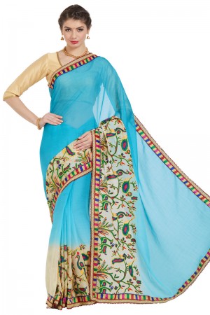 Supreme Sky Blue Chiffon Embroidered Saree With Jacquard Blouse