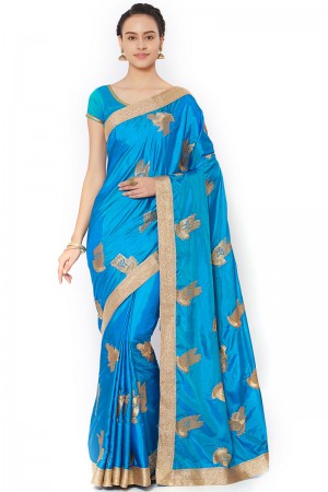 Optimum Blue Silk Embroidered Saree With Jacquard Blouse
