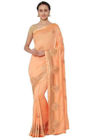 Stylish Peach Georgette Embroidered Saree With Banglori Silk blouse