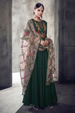 Stylish Green Maslin Designer Embroidered Gown
