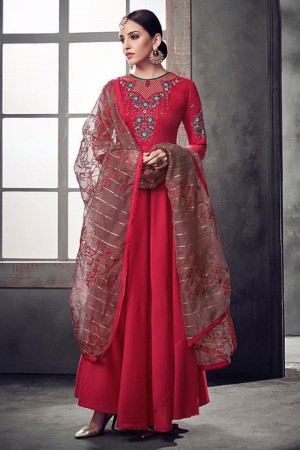 Charming Pink Maslin Embroidered Long Length Designer Gown